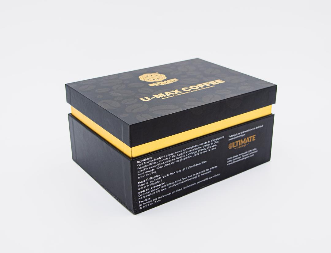 Official U-Max Coffee box in black and gold packaging